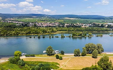 An aerial view over the Rhine river, Germany